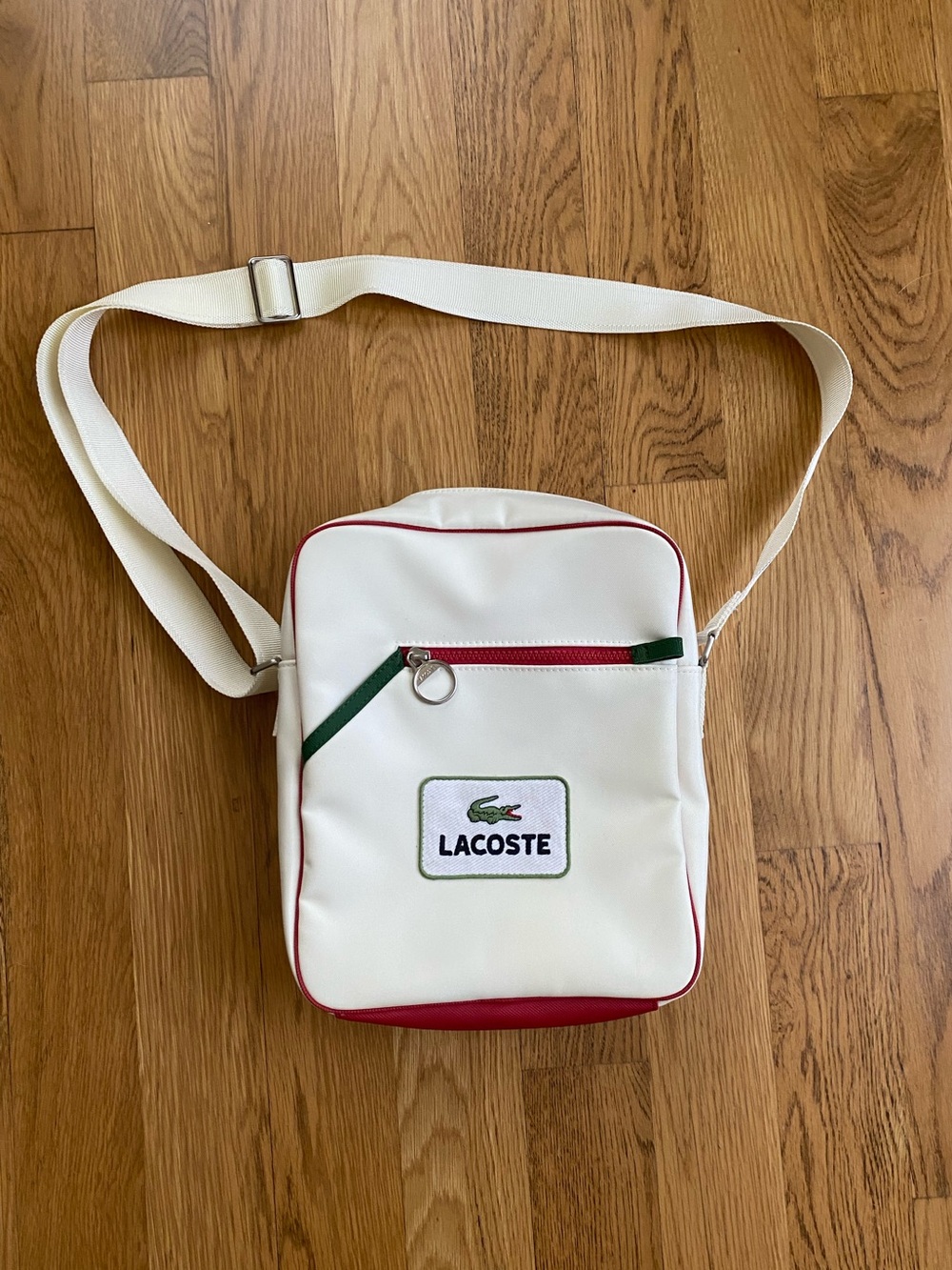 Lacoste White Messenger Bag with Red & Green Trim